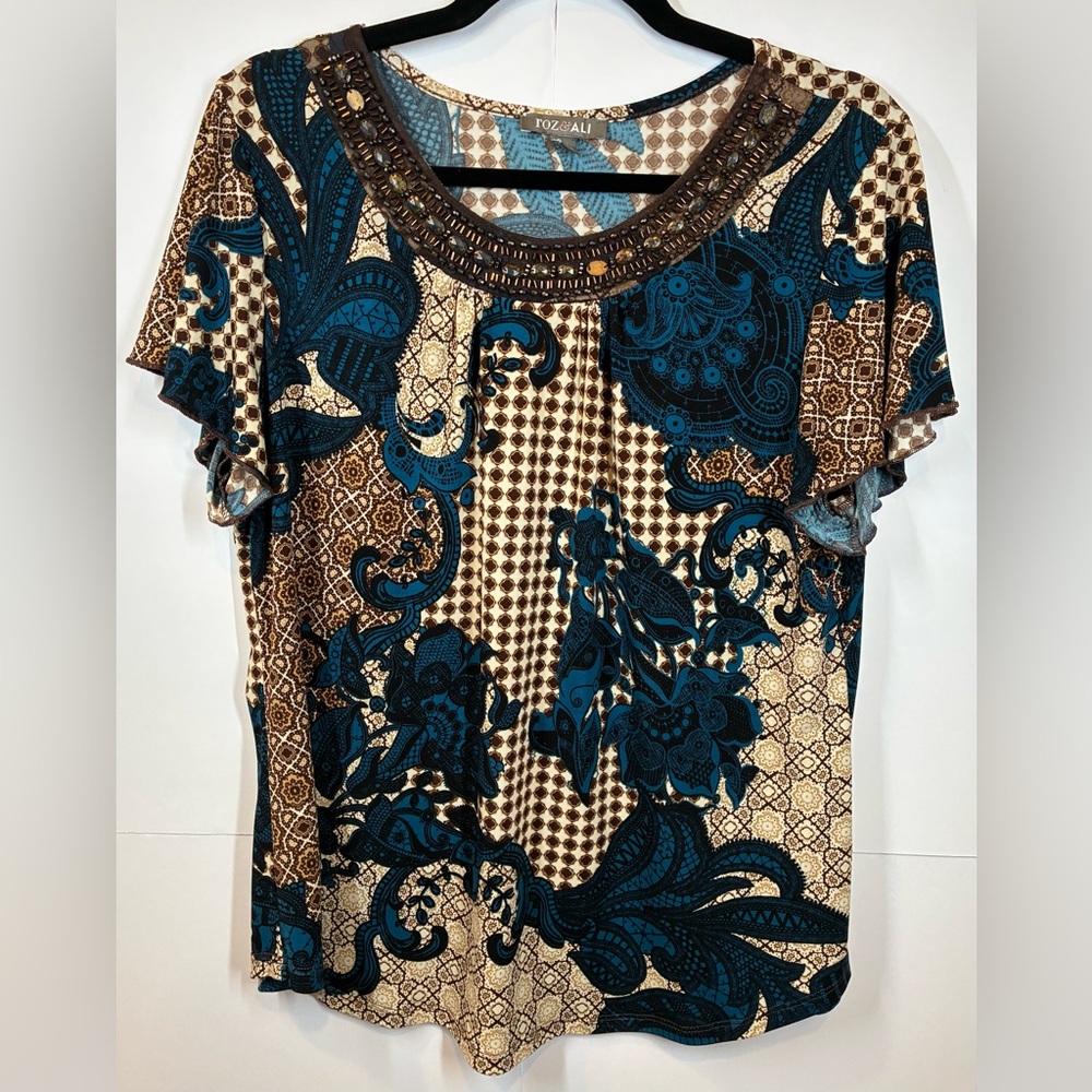 Roz & Ali Blue and Brown Geometric Print Scoop Neck Short Sleeve Top Size XL